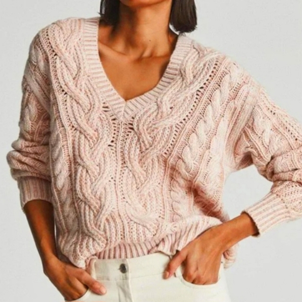 Reiss Wool Blend V Neck Cable Knit Fisherman Sweater Women's Sz XS Pink